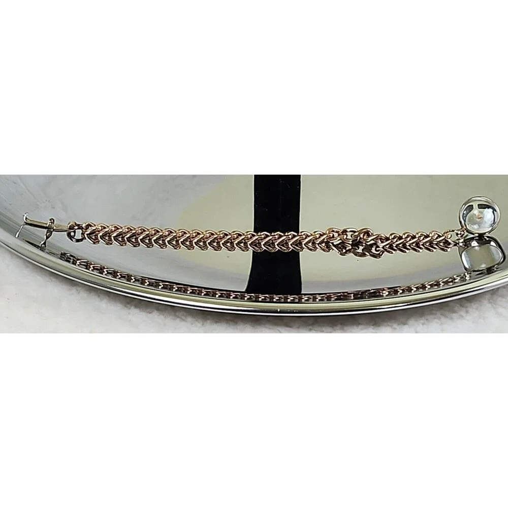 Vintage Unsigned Gold Colored Links Chunky Bracelet with Clear Dangling Marble